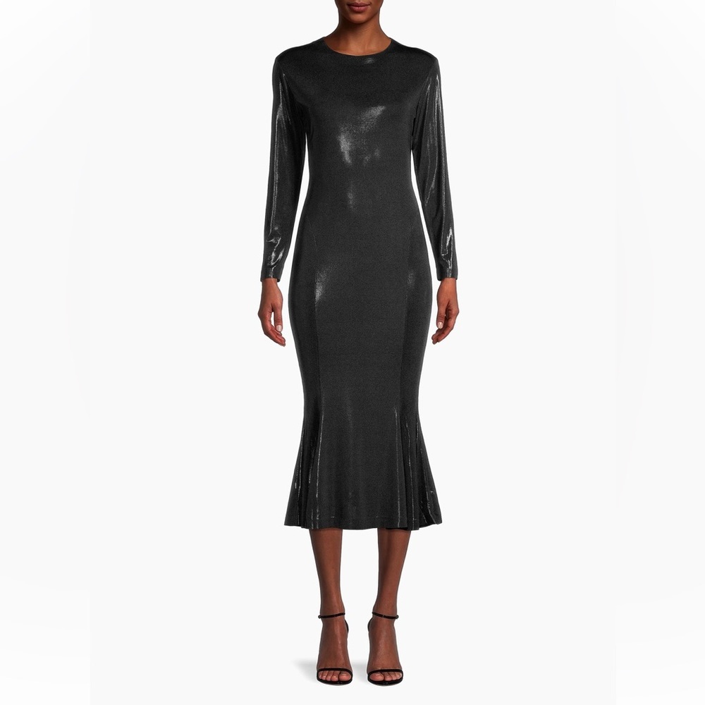Norma Kamali Metallic Midi Dress Black Liquid Shine Mermaid Hem Size M